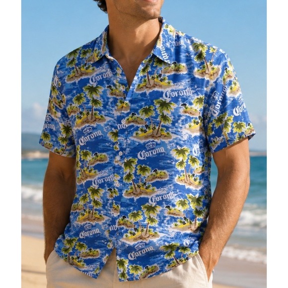 Corona Extra Other - Corona Extra Tropical Island Button-Up Hawaiian Shirt  Mens M Palm Trees Beer